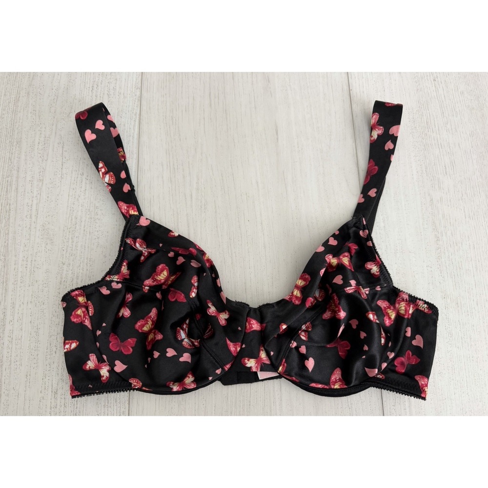 Vintage Victoria's Secret Second Skin Satin Bra 36C Black Pink Butterfly Hearts